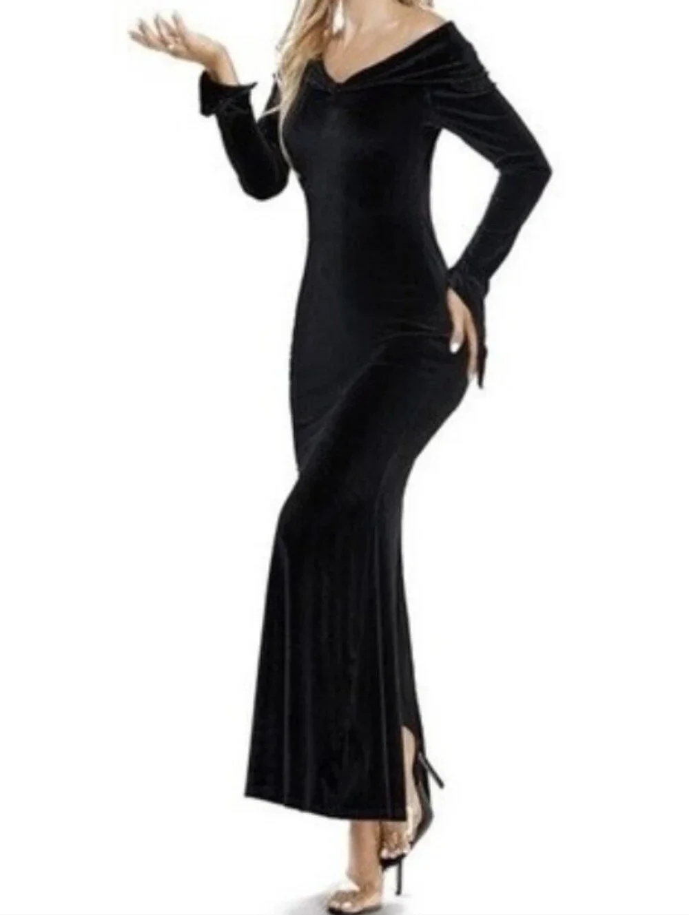 Off-Shoulder Velvet Maxi Dress Women Plus Size 2XL Gothic Addams Family Cosplay - Picture 2 of 13